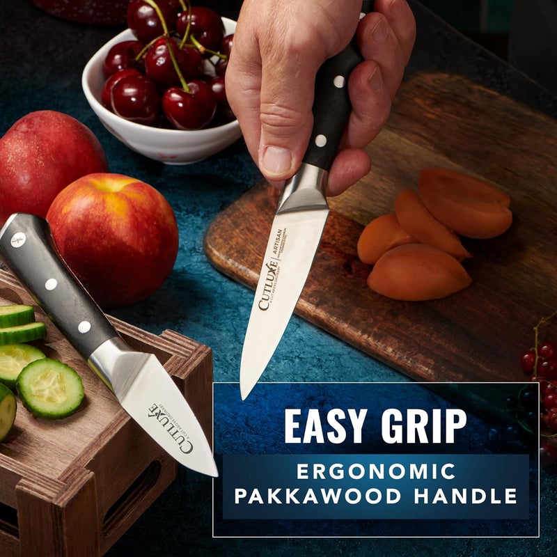 Cutluxe Paring Knife Set – 4" Fruit and 3" Peeling Knives – Small Knife with Razor Sharp Blade – High Carbon German Steel, Full Tang & Ergonomic Handle Design – Artisan Series - Image 5